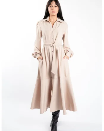 Rochie camasa cu cordon si fusta ampla, Nude
