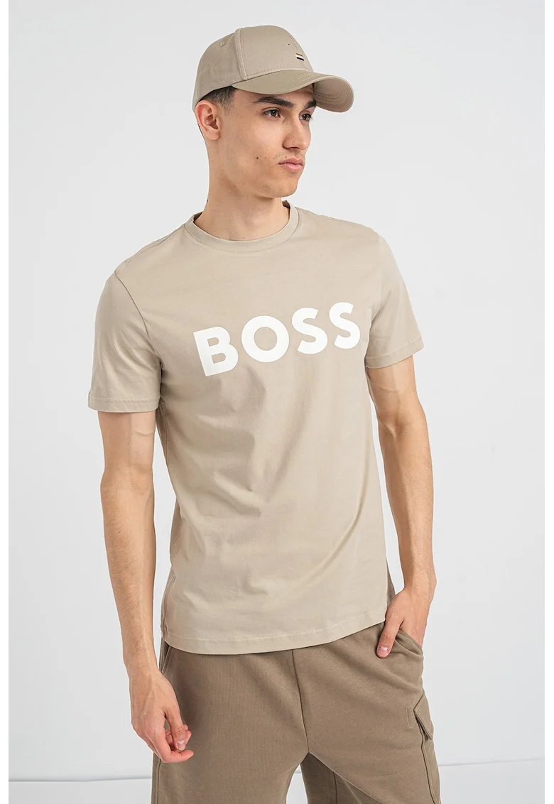 Tricou regular fit cu imprimeu logo cauciucat Thinking, Maro taupe deschis/Alb optic