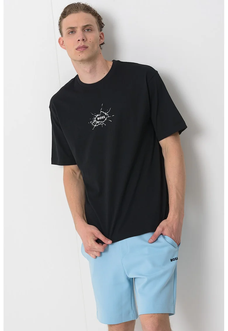 Tricou lejer de bumbac cu logo, Negru/Alb optic