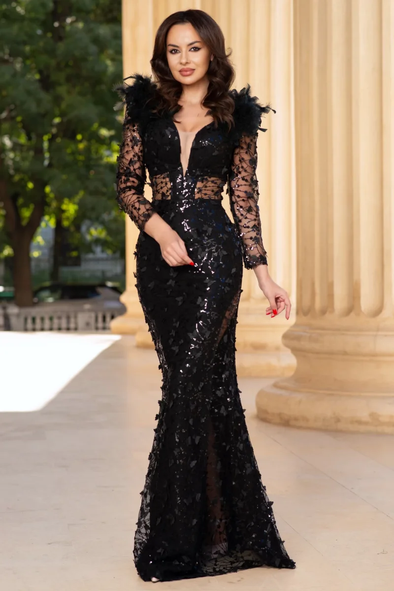 Rochie lunga neagra de seara Alejandra cu paiete si fluturi decorativi