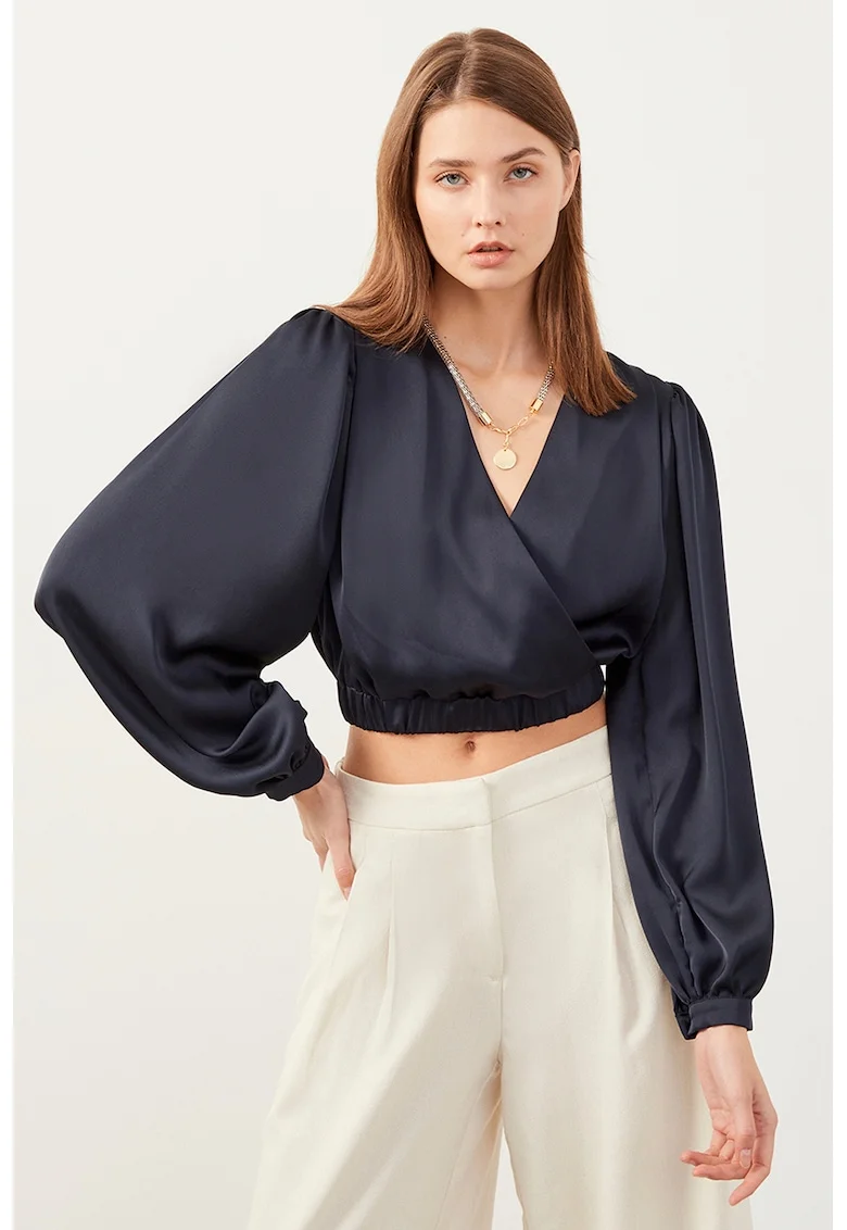 Bluza crop cu maneci bufante, Bleumarin