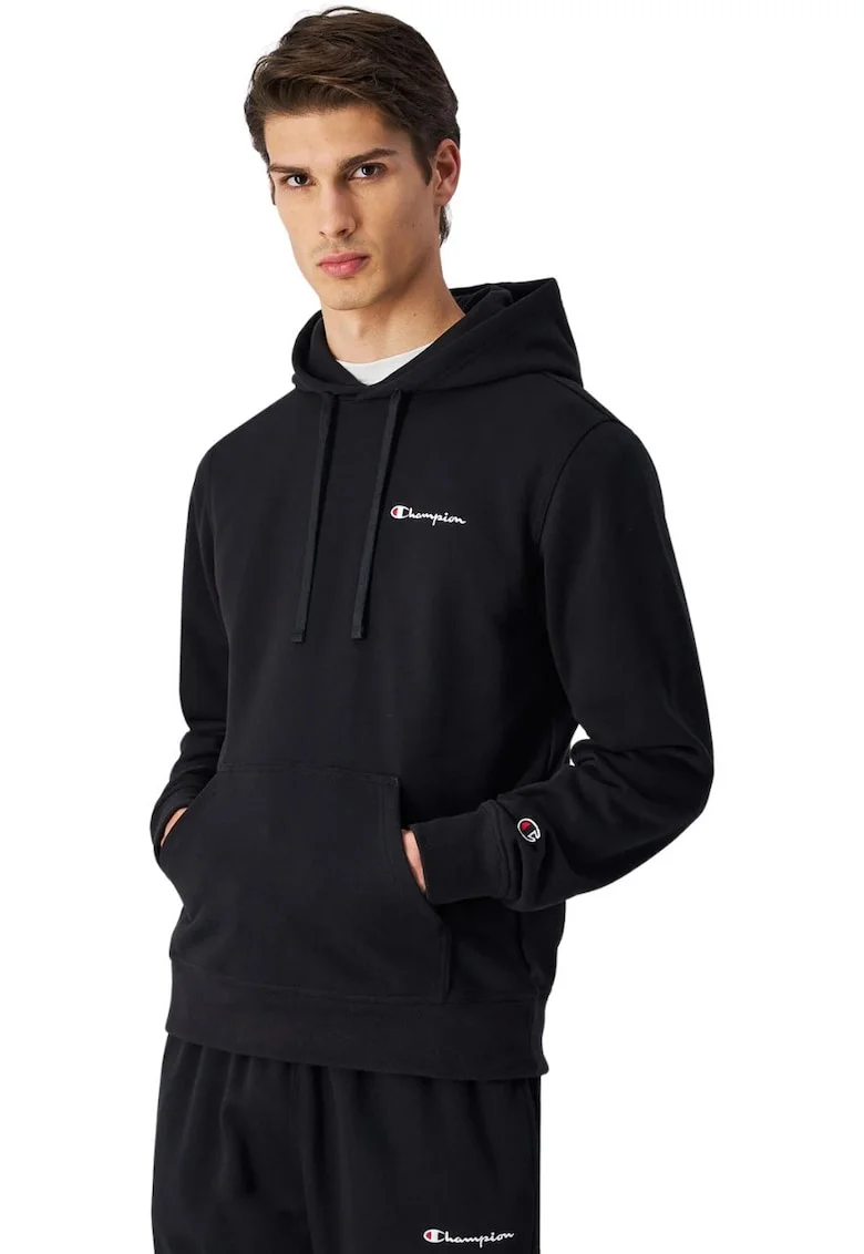 Hanorac barbati  negru, croiala slim, gluga integrata, bumbac