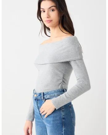 Bluza slim fit din amestec de modal cu decolteu pe umeri, Gri deschis