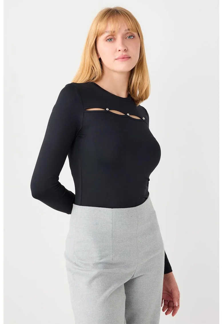 Bluza slim fit cu decupaje frontale, Negru