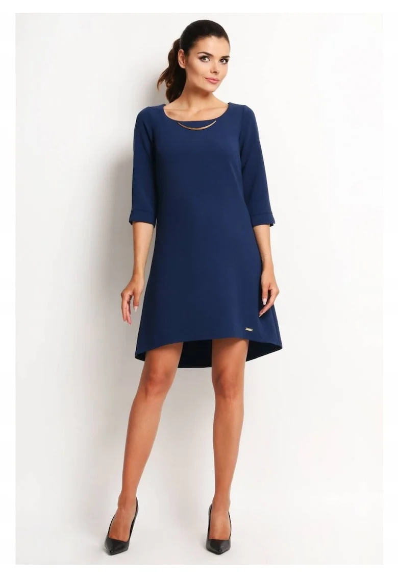 Rochie Trapez,  Tip Midi, Asimetrica, Stil Casual, Elegant, Business, 58% Poliester, 37% Viscoza, 5% Elastan, Lungime Maneca 3/4, Decolteu Rotund, Pentru Birou, Pentru Munca, Pentru Intalnire, Bleumarin, Albastru inchis