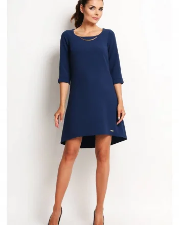 Rochie Trapez,  Tip Midi, Asimetrica, Stil Casual, Elegant, Business, 58% Poliester, 37% Viscoza, 5% Elastan, Lungime Maneca 3/4, Decolteu Rotund, Pentru Birou, Pentru Munca, Pentru Intalnire, Bleumarin, Albastru inchis
