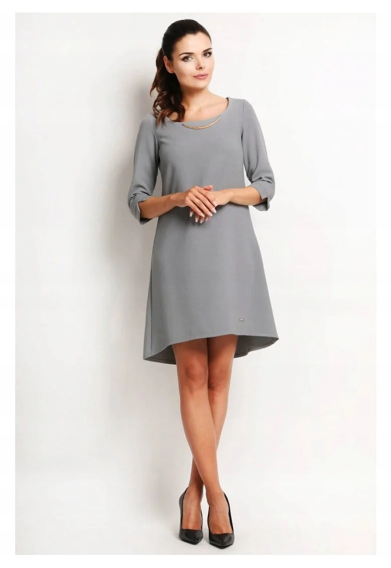 Rochie Trapez,  Tip Midi, Asimetrica, Stil Casual, Elegant, Business, 58% Poliester, 37% Viscoza, 5% Elastan, Lungime Maneca 3/4, Decolteu Rotund, Pentru Birou, Pentru Munca, Pentru Gri, Gri