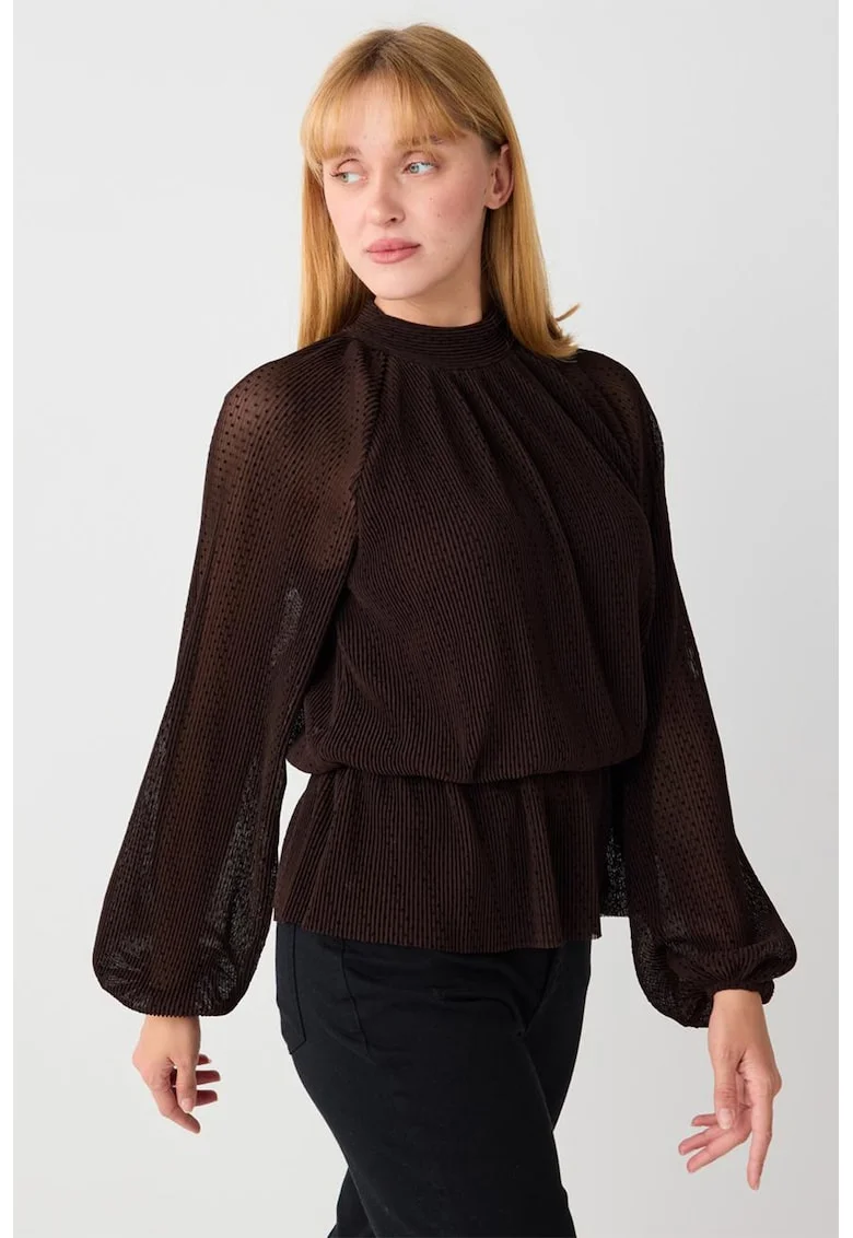 Bluza cu pliuri si maneci bufante, Maro inchis