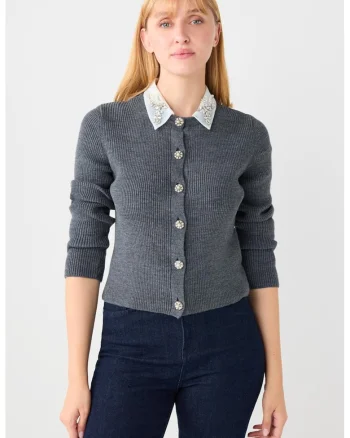 Cardigan striat cu guler cu strasuri, Gri carbune