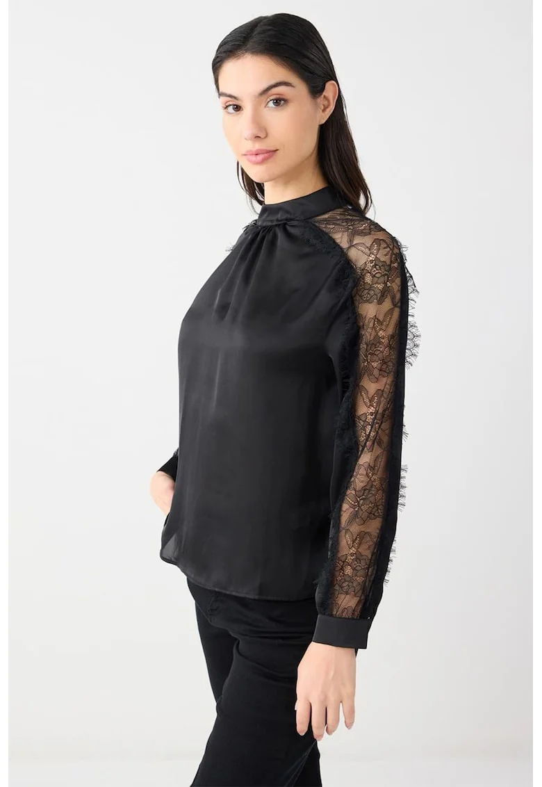 Bluza satinata cu detalii de dantela, Negru
