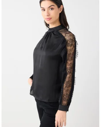 Bluza satinata cu detalii de dantela, Negru