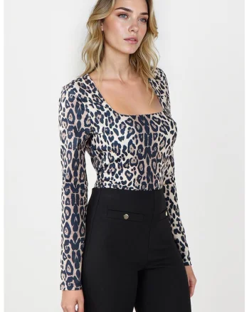 Bluza cu animal print, Alb/Negru/Maro taupe