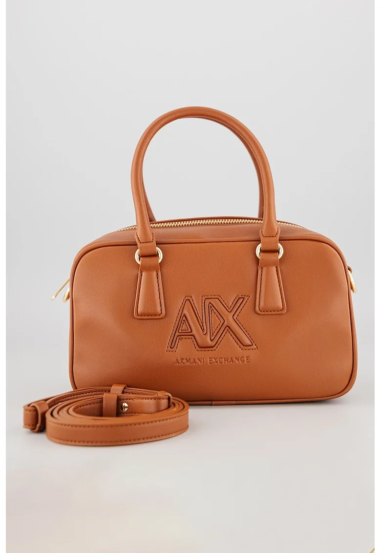 Geanta cu maner si broderie logo, Maro cognac