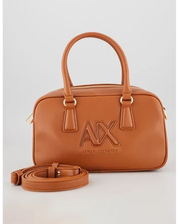 Geanta cu maner si broderie logo, Maro cognac