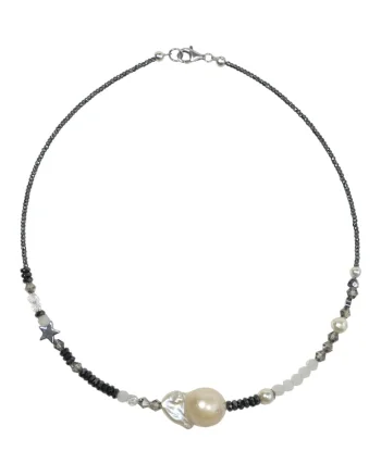 Colier  cu cristale, hematite si perle, Argintiu