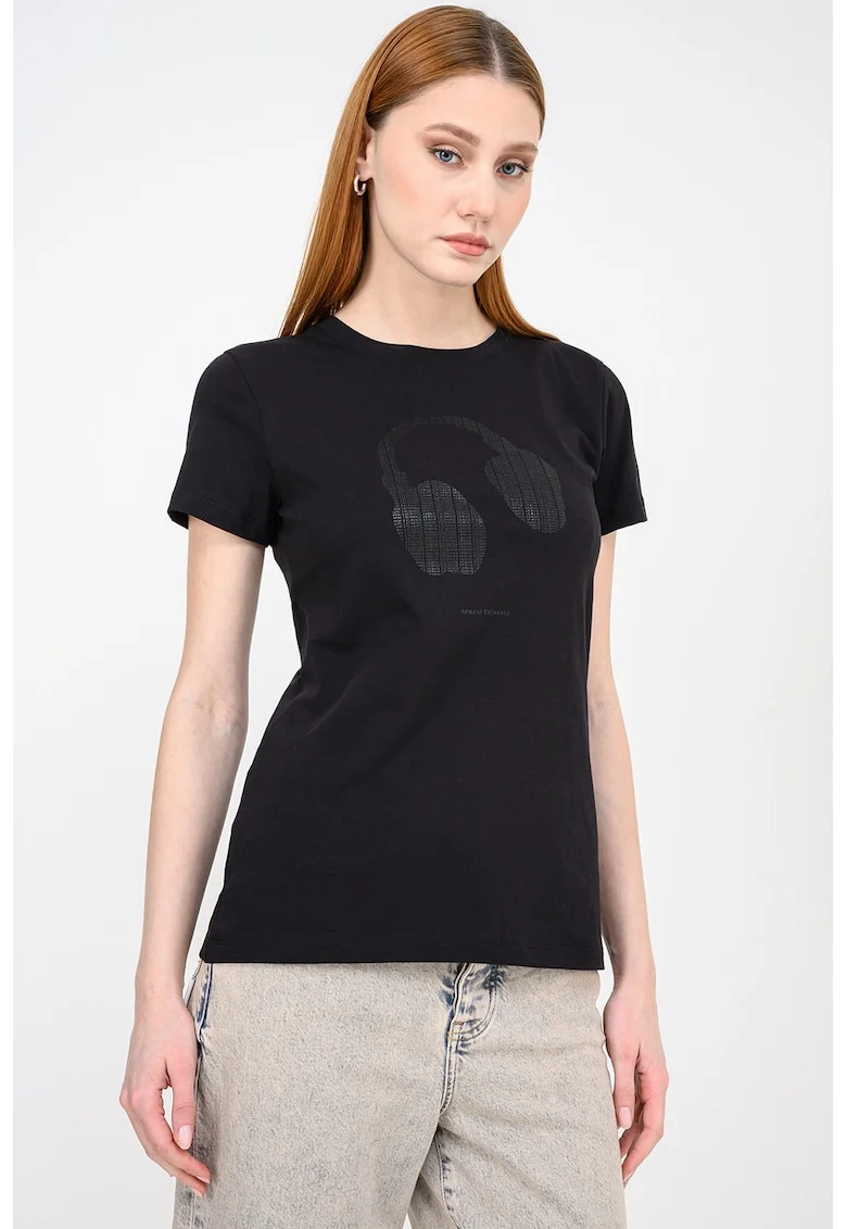 Tricou de bumbac cu imprimeu grafic si logo, Negru stins