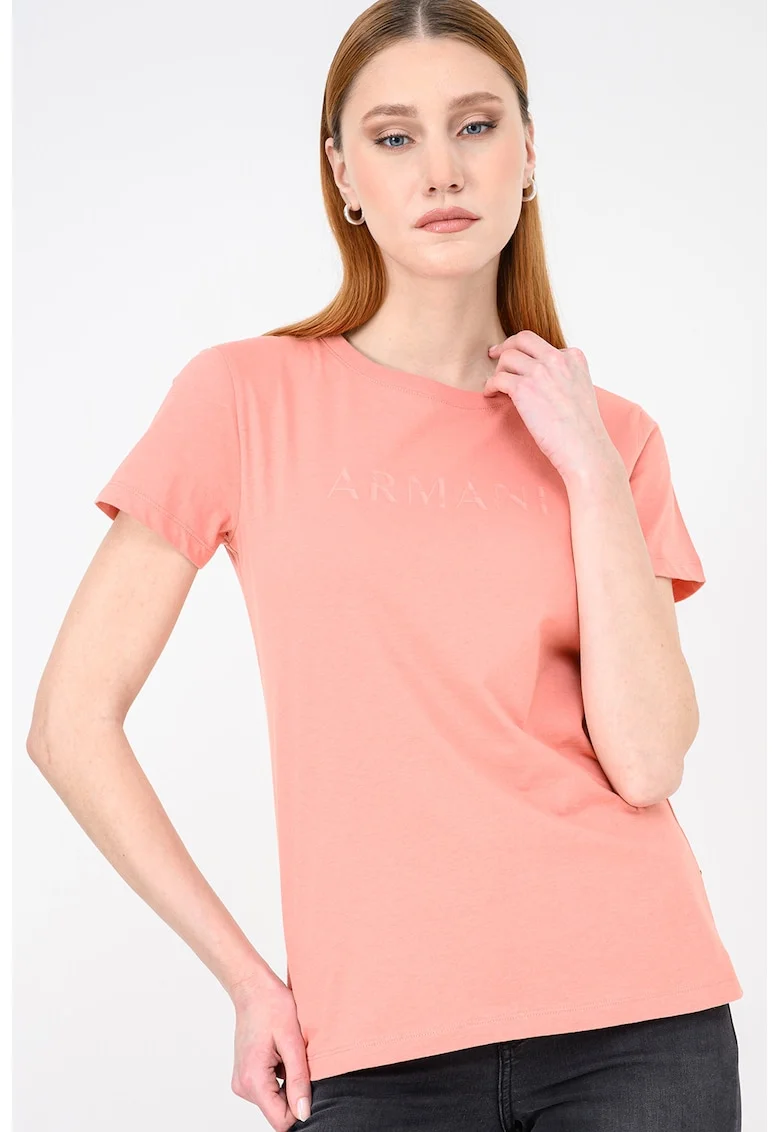 Tricou uni de bumbac cu decolteu la baza gatului, Roz somon