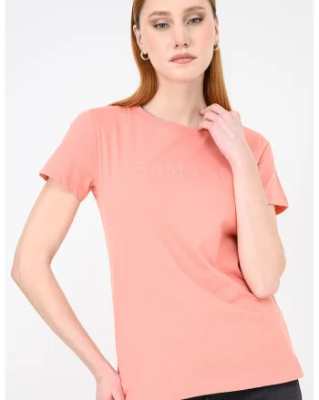 Tricou uni de bumbac cu decolteu la baza gatului, Roz somon