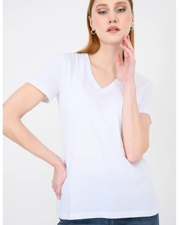Tricou de bumbac cu decolteu in V si logo discret, Alb optic