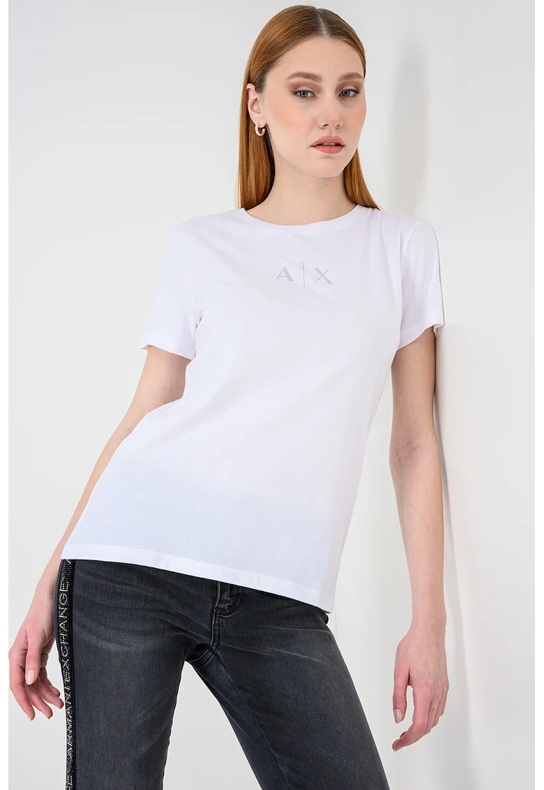 Tricou de bumbac cu logo cu strasuri, Alb/Argintiu
