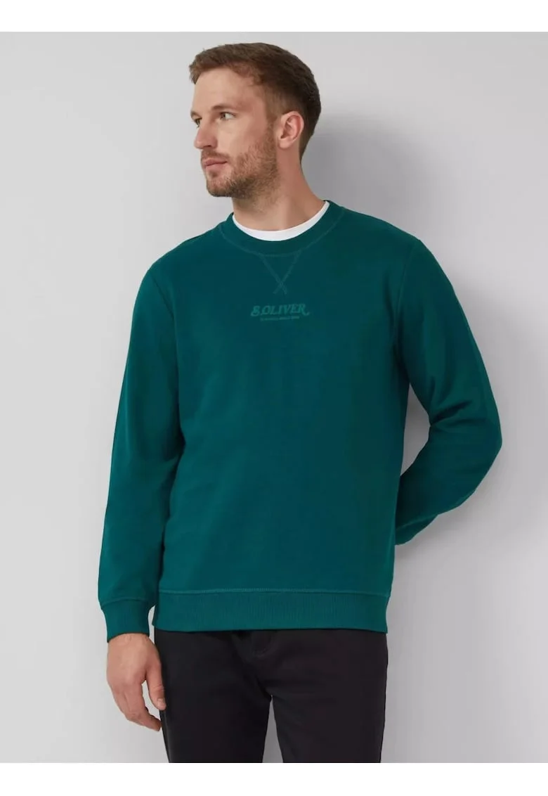 Bluza barbati cu decolteu la baza gatului, logo, Regular Fit, Verde