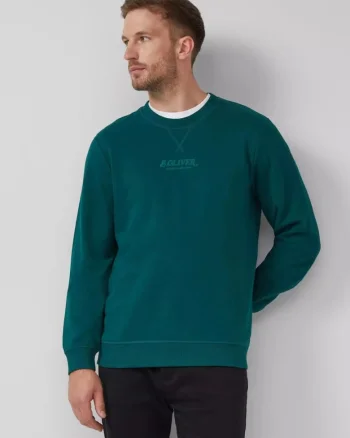 Bluza barbati cu decolteu la baza gatului, logo, Regular Fit, Verde