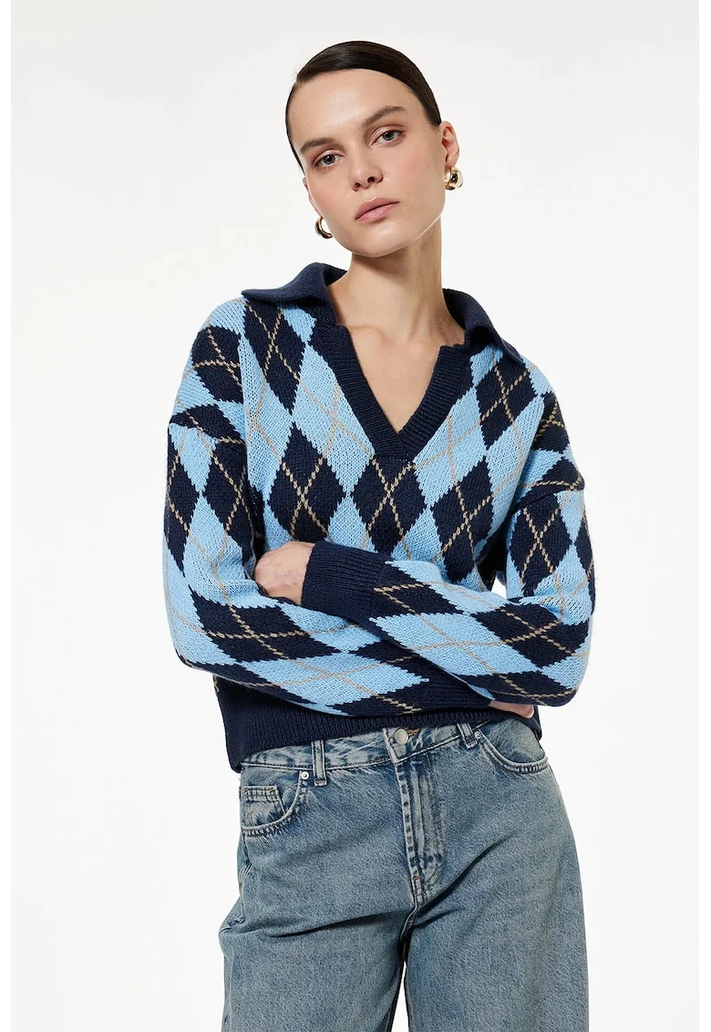 Pulover cu model si decolteu in V, Albastru glaciar/Bleumarin