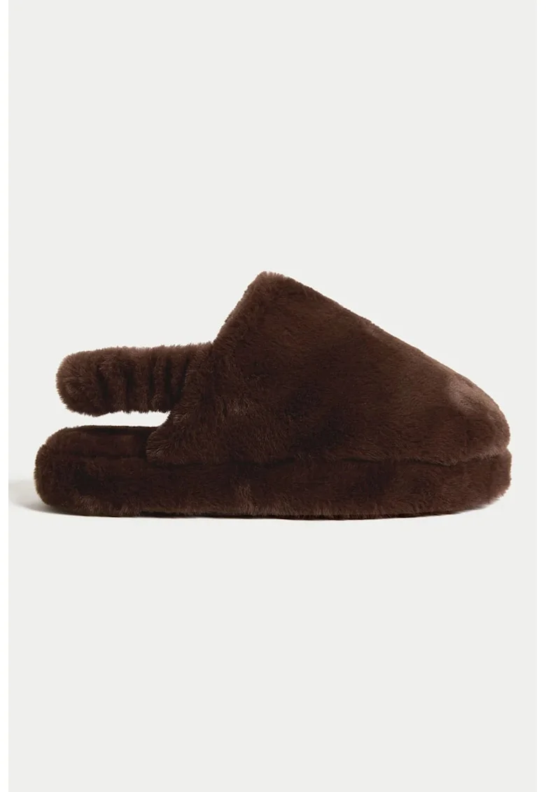 Papuci de casa slingback din blana sintetica, Maro inchis