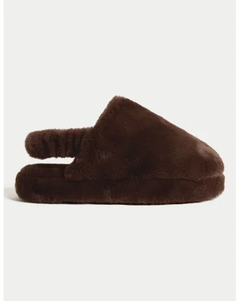 Papuci de casa slingback din blana sintetica, Maro inchis
