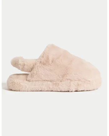 Papuci de casa slingback din blana sintetica, Piersica