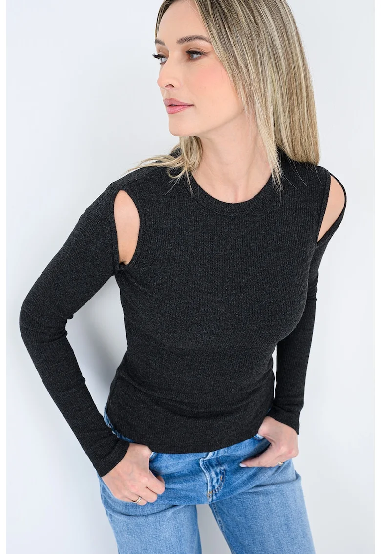 Bluza slim fit cu decolteu la baza gatului, Negru melange