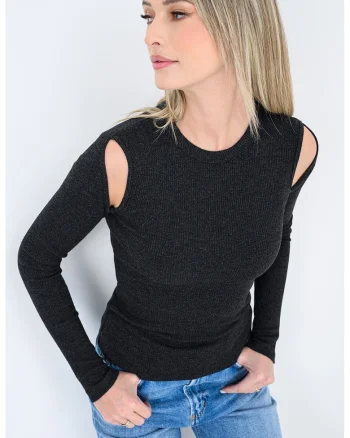 Bluza slim fit cu decolteu la baza gatului, Negru melange
