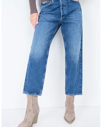 Blugi crop cu talie medie 90s, Albastru melange