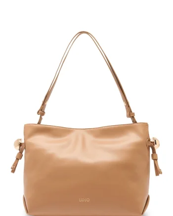 Geanta din piele ecologica cu bareta de umar si logo discret Medium Riccy, Caramel