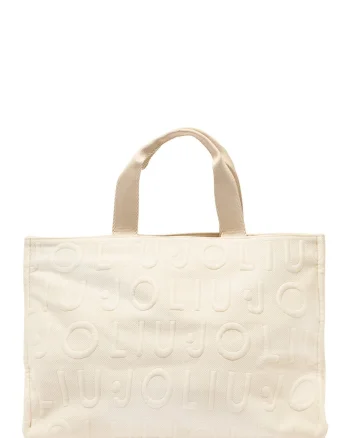 Geanta shopper tricotata cu model logo, Alb murdar