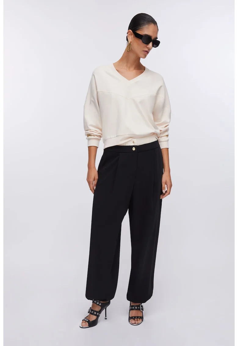 Bluza de trening cu decolteu in V si model uni, Crem
