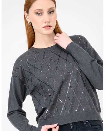 Pulover cu model cu paiete, Gri inchis melange