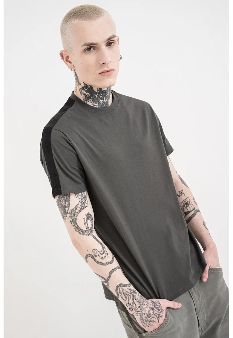 Tricou de bumbac cu banda logo, Kaki inchis
