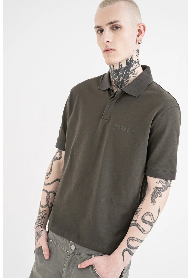 Tricou polo slim fit cu logo brodat, Kaki inchis