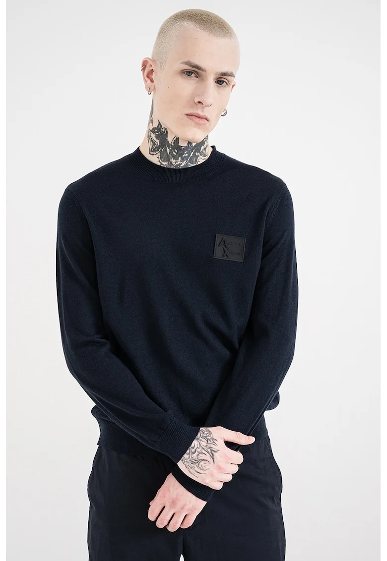 Pulover slim fit din amestec de lana cu aplicatie logo, Albastru ultramarin