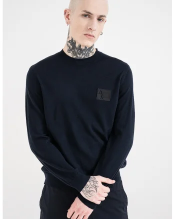 Pulover slim fit din amestec de lana cu aplicatie logo, Albastru ultramarin
