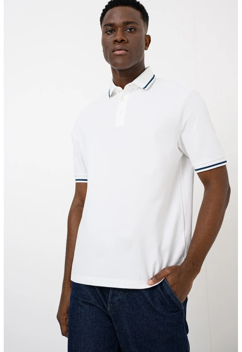 Tricou polo regular fit cu terminatie contrastanta, Alb/Albastru petrol