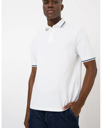 Tricou polo regular fit cu terminatie contrastanta, Alb/Albastru petrol