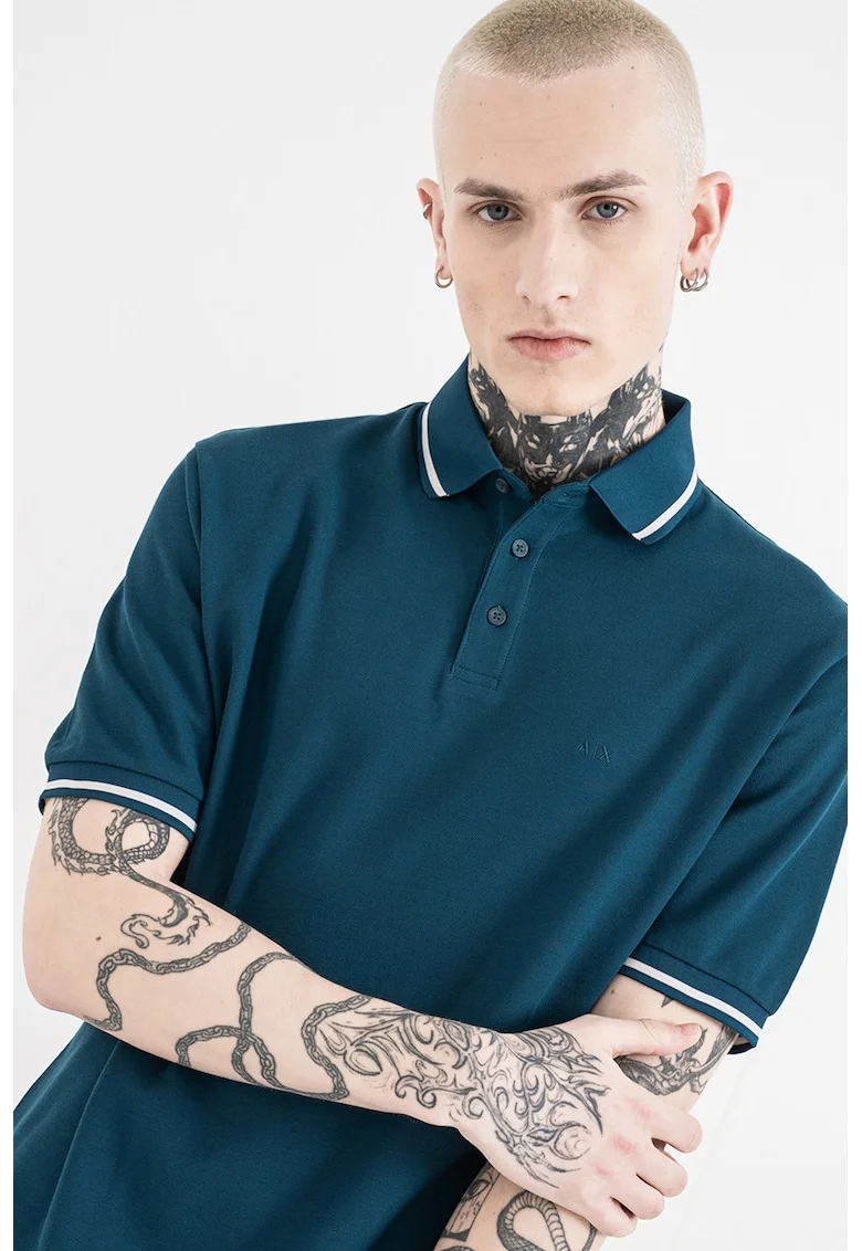 Tricou polo regular fit cu terminatie contrastanta, Alb murdar/Albastru petrol