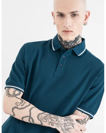 Tricou polo regular fit cu terminatie contrastanta, Alb murdar/Albastru petrol