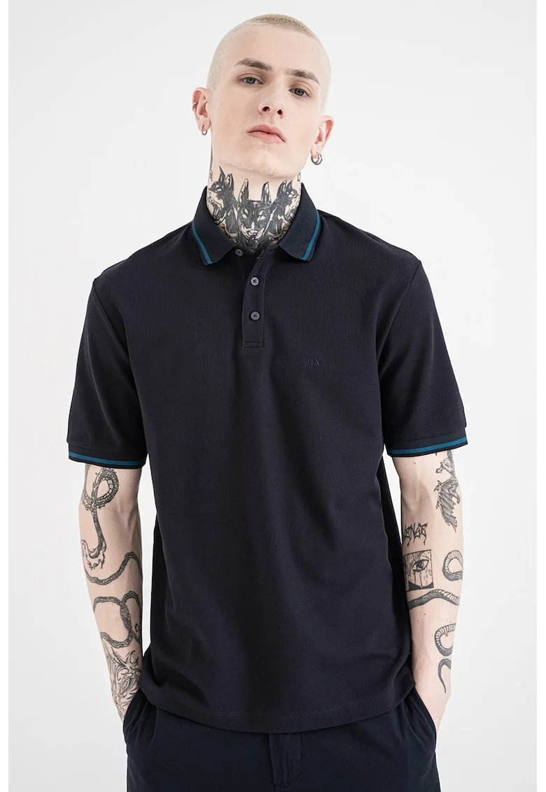 Tricou polo regular fit cu terminatie contrastanta, Albastru petrol/Bleumarin