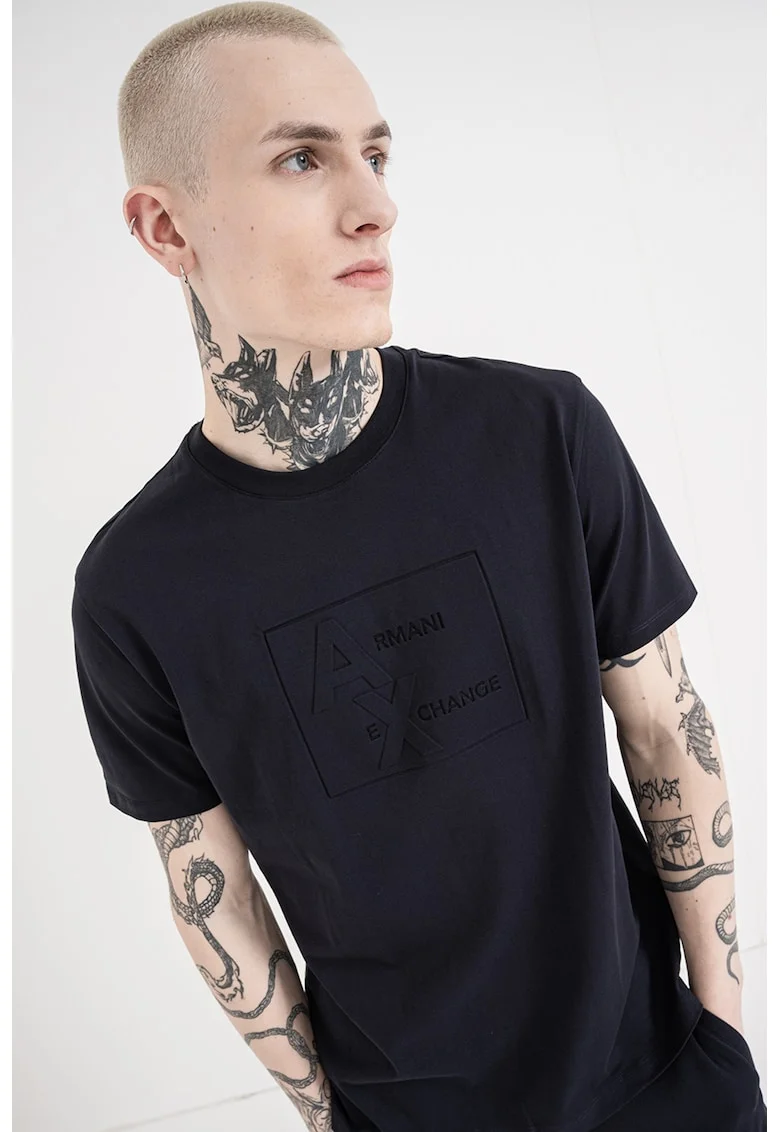 Tricou de bumbac cu decolteu la baza gatului, Bleumarin