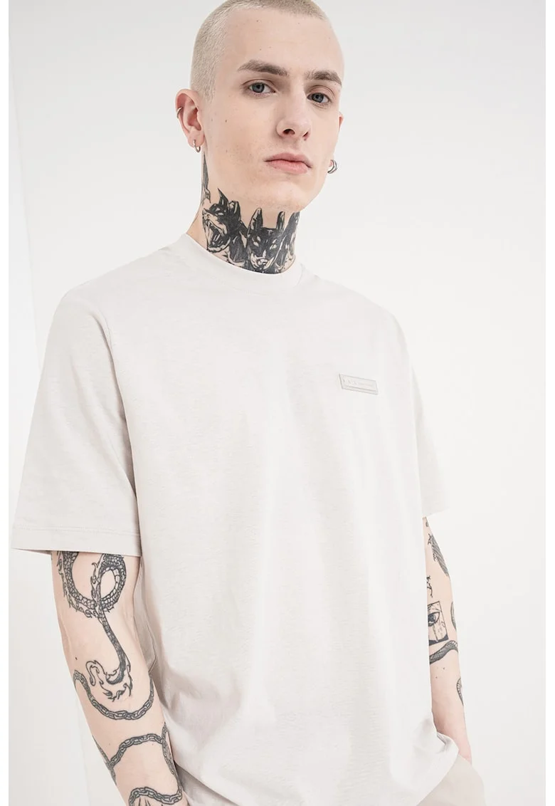 Tricou de bumbac cu logo pe spate, Gri deschis