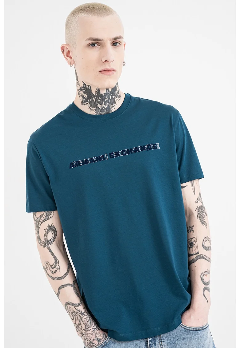 Tricou de bumbac cu model text, Alb/Albastru petrol/Bleumarin