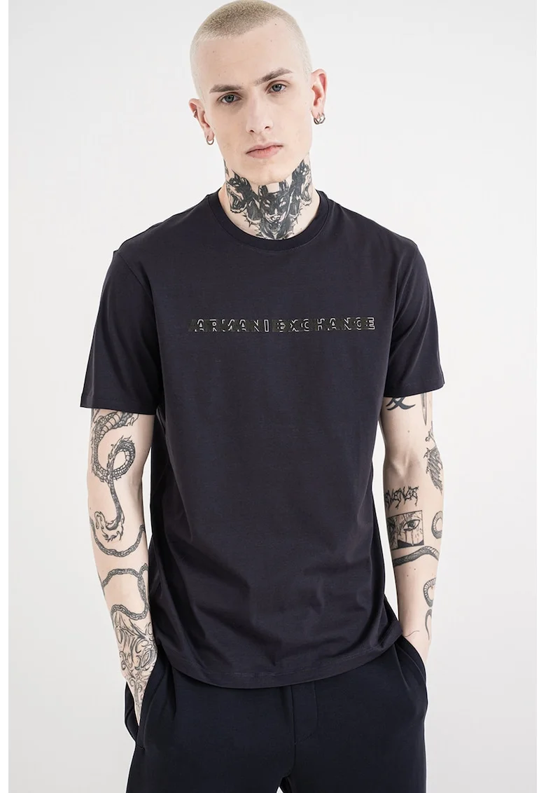 Tricou de bumbac cu model text, Bleumarin